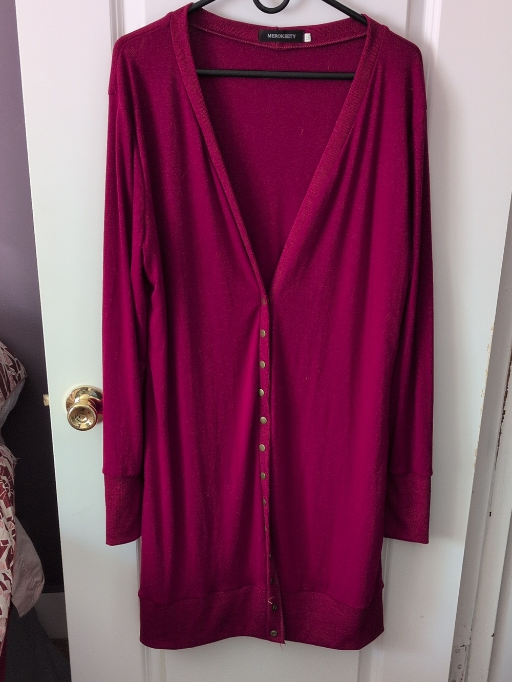 Merokeety Deep Berry Long Button-Front Cardigan